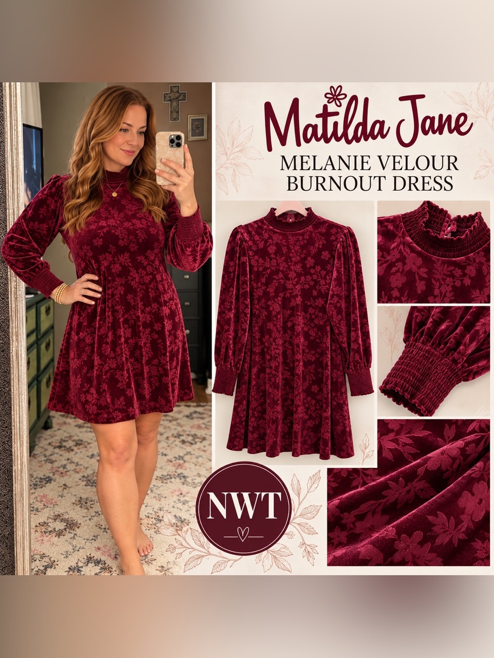 Matilda Jane Melanie Velour Burnout Dress - Deep Burgundy